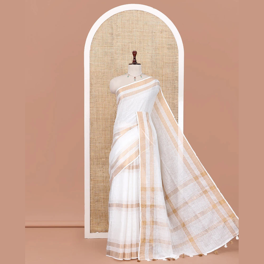 Pothys White Linen Saree, Subtly Sparkled with Stripes, a Subtle Zari Border, Striped Pallu, and a Matching Blouse